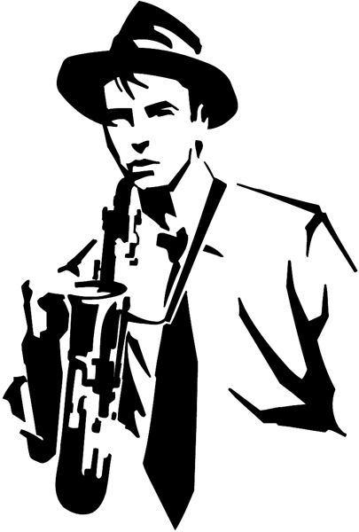 Man playing trumpet vinyl sticker. Customize on line. Music 061-0247